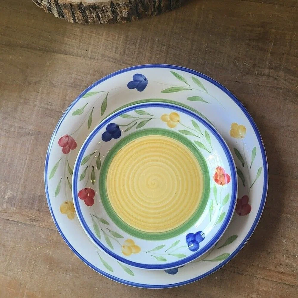 Pier 1 122 Hand‎ Painted Stoneware Salad Dinner Plates Floral Set Of 4
